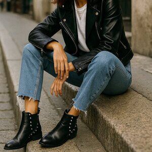 Zara Black Silver Studded Chelsea style slip on leather Ankle Booties women's 38